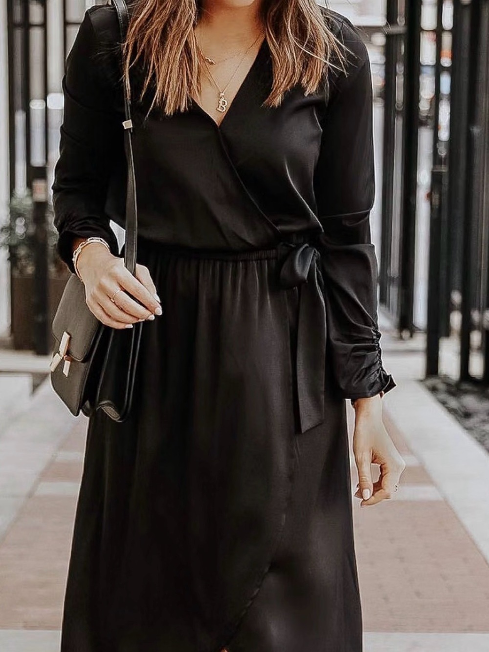 The Drop Women's Black Stretch-Satin Faux-Wrap Midi Dress by @somewherelately